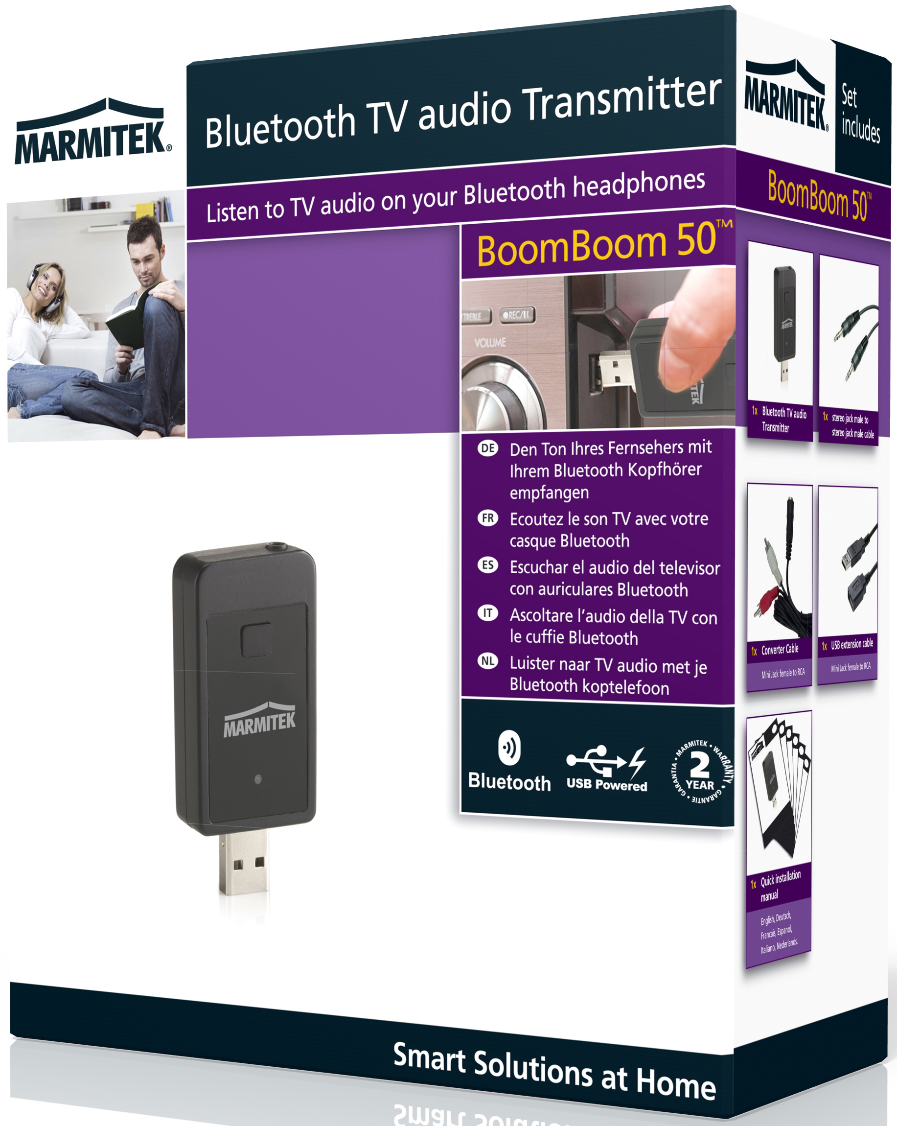 Box with a Bluetooth TV audio transmitter. Includes a transmitter, cables, and a quick install guide.