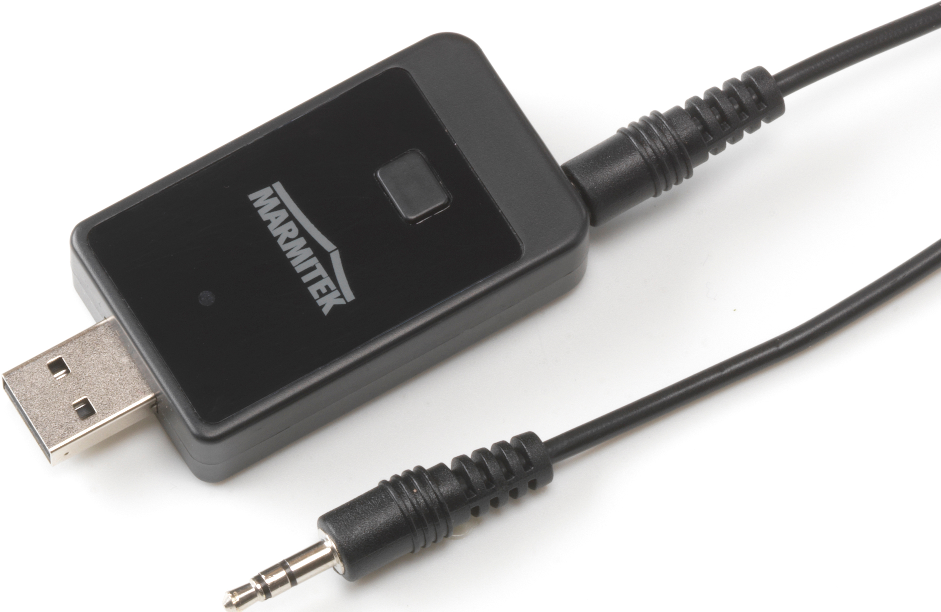 Black audio adapter with a USB, a 3.5mm jack, and a cable. The brand name is 'MARMITEK'.