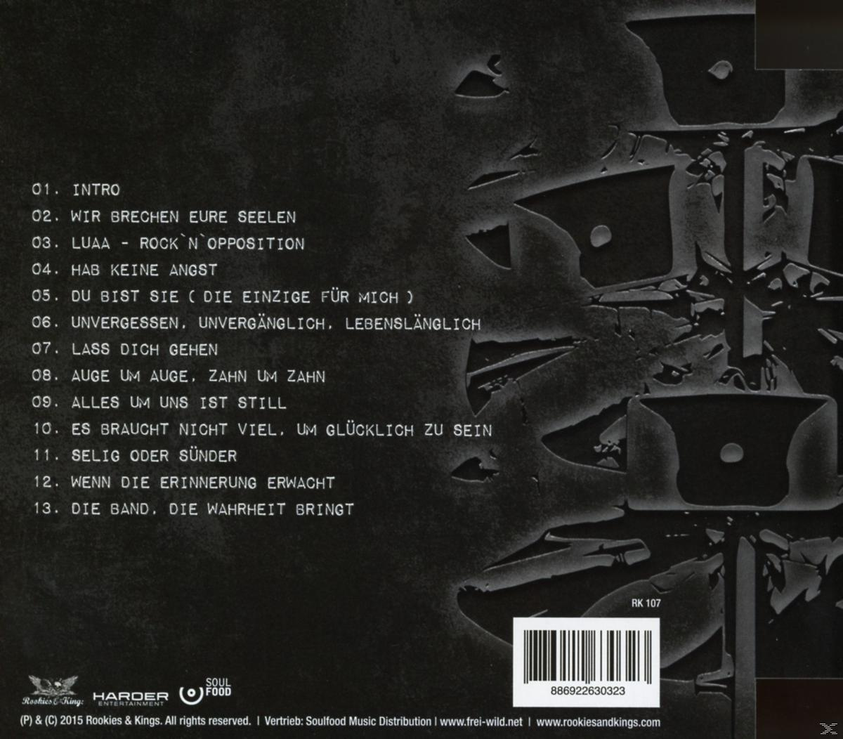 Albumcover mit Titeln und Bandnamen auf Deutsch auf schwarzem Hintergrund.