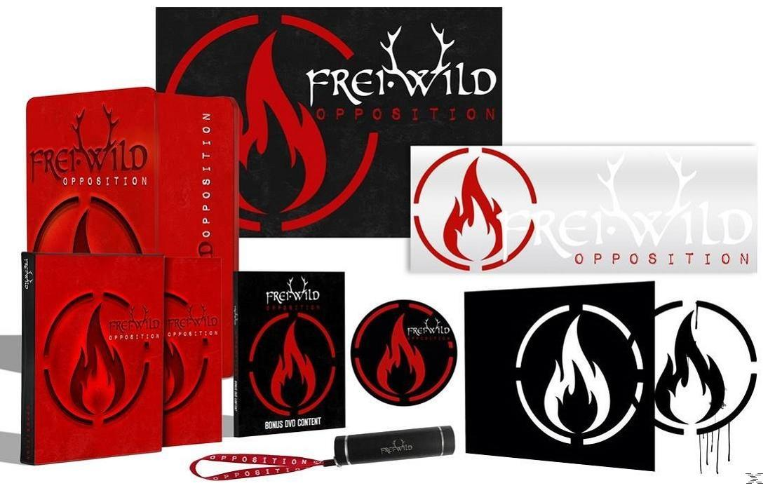 Rote und schwarze FREI WILD Opposition Logos, DVD-Boxen und ein Schlüsselband. Verschiedene Größen und Designs.