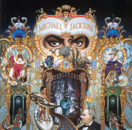Album borító Michael Jacksonnal. Egy színes fantáziajelenet előtt áll dekorációkkal.
