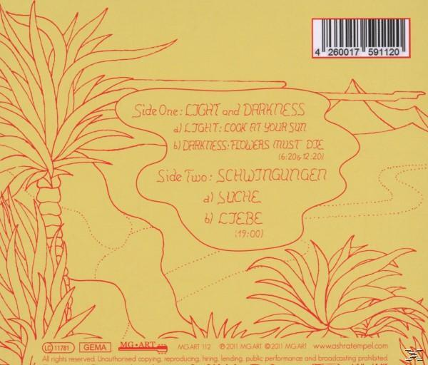 Gelber Hintergrund mit roter Strichzeichnung von Pflanzen und Songliste.
