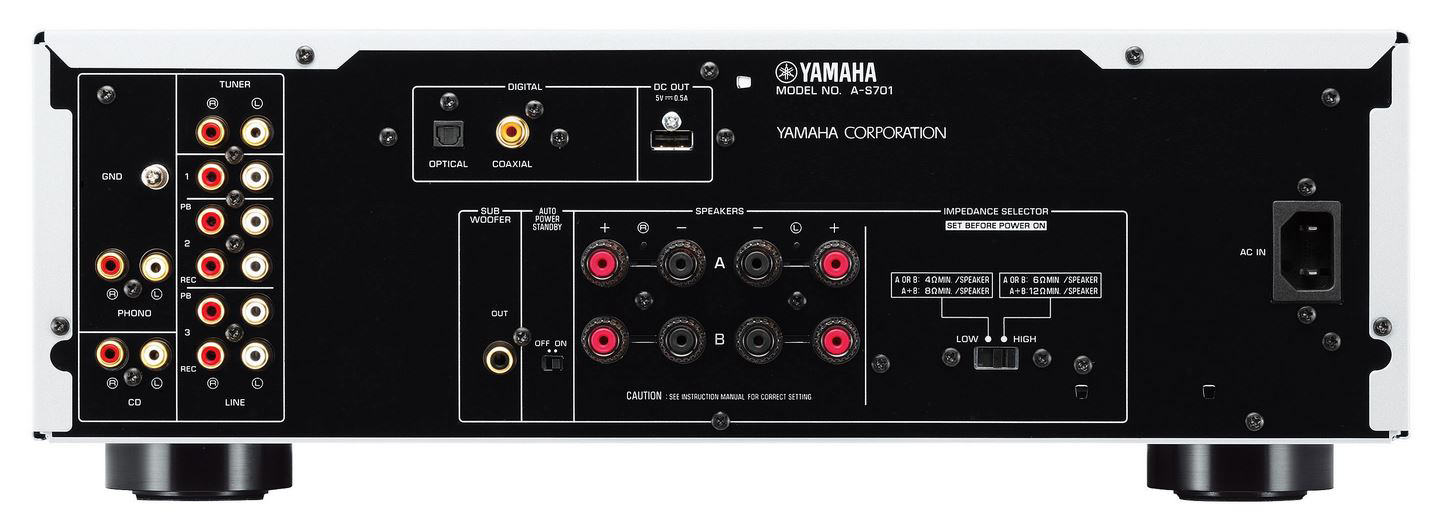 Het achterpaneel van een Yamaha stereoreceiver met diverse input/output poorten.