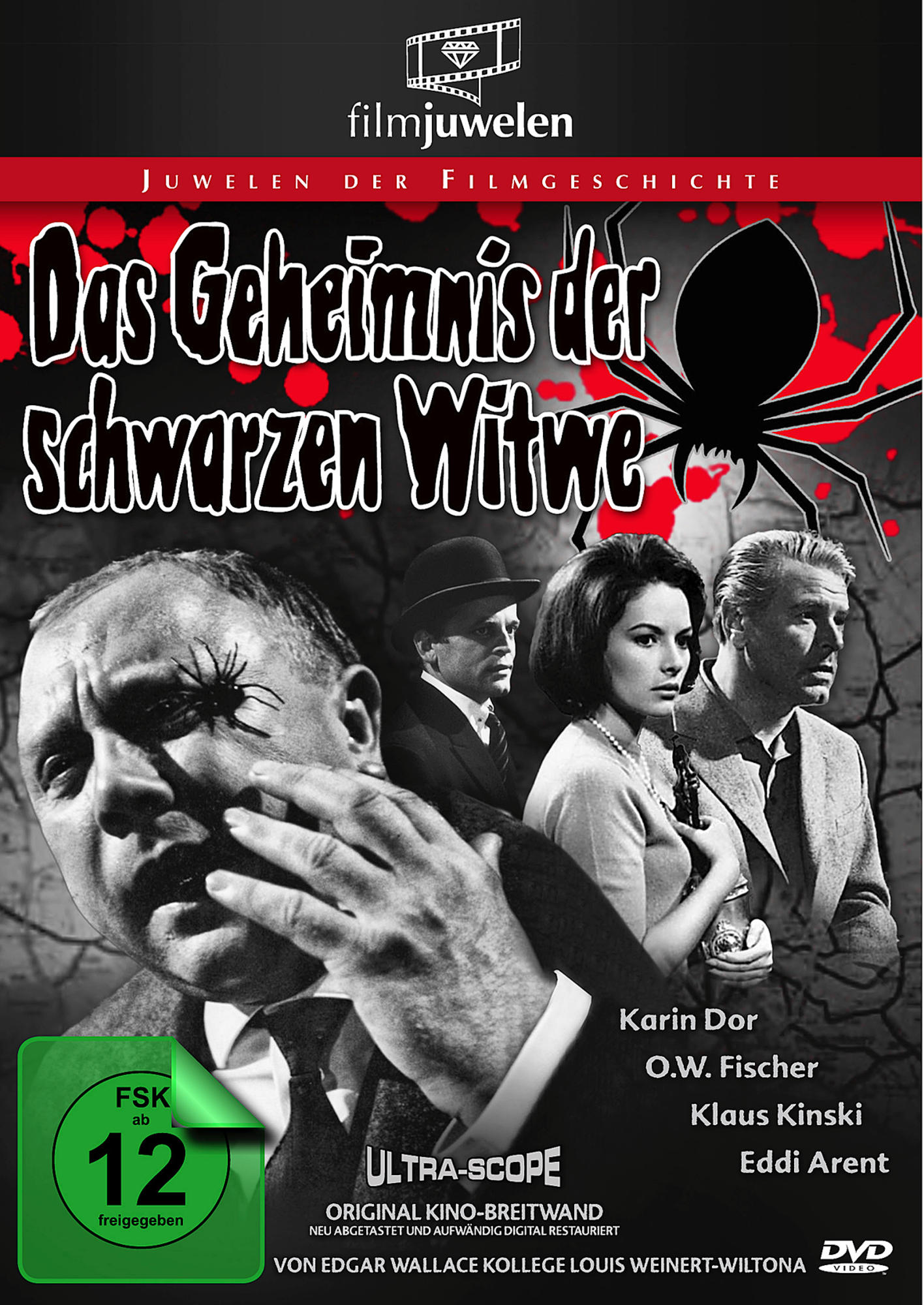 DVD-Cover in Schwarzweiß eines Films namens 'Das Geheimnis der Schwarzen Witwe', eine Spinne.