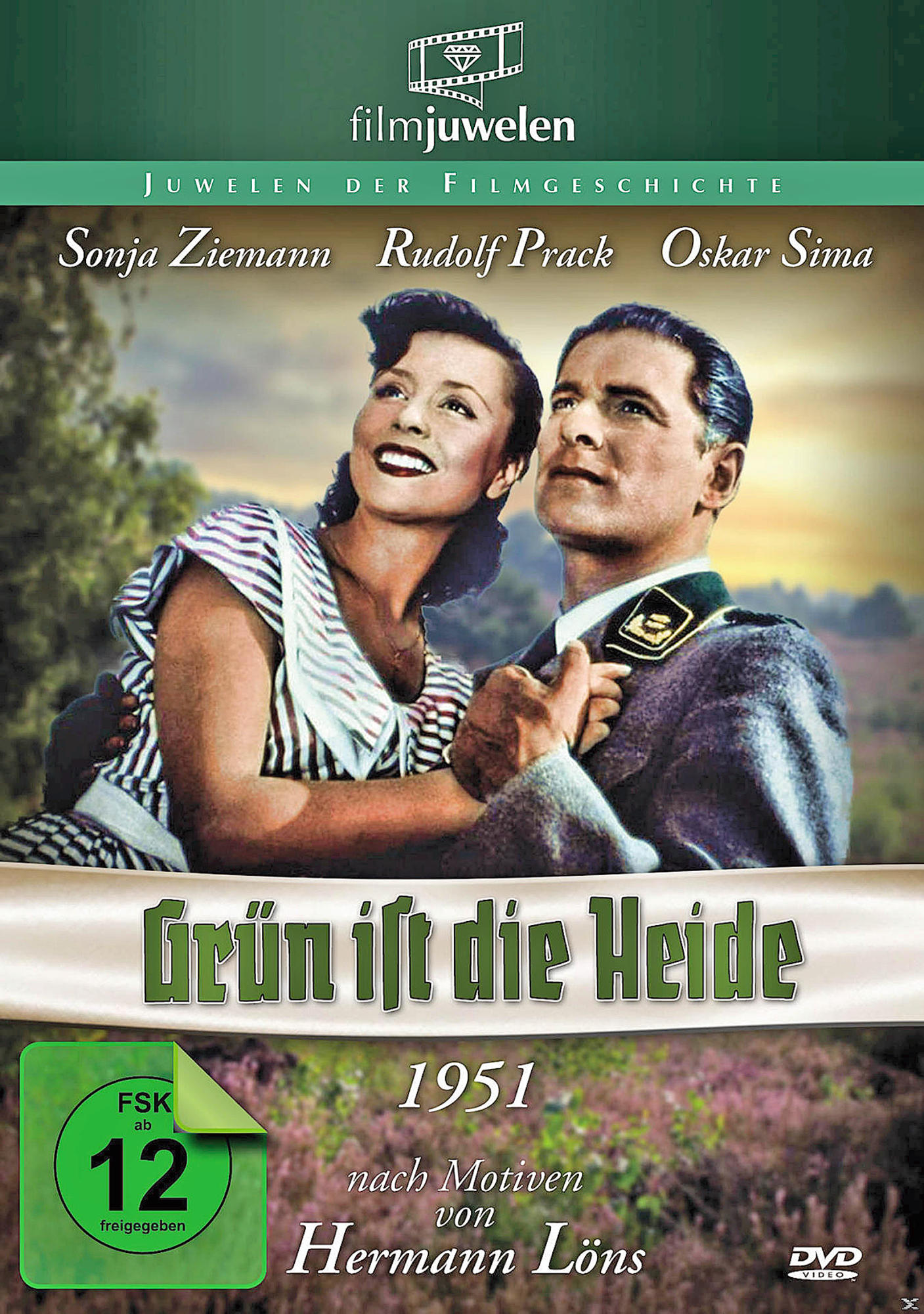 DVD-Cover: "Grün ist die Heide", ein Paar im Feld, Grüntöne, mit Datum 1951 und FSK 12-Rating.