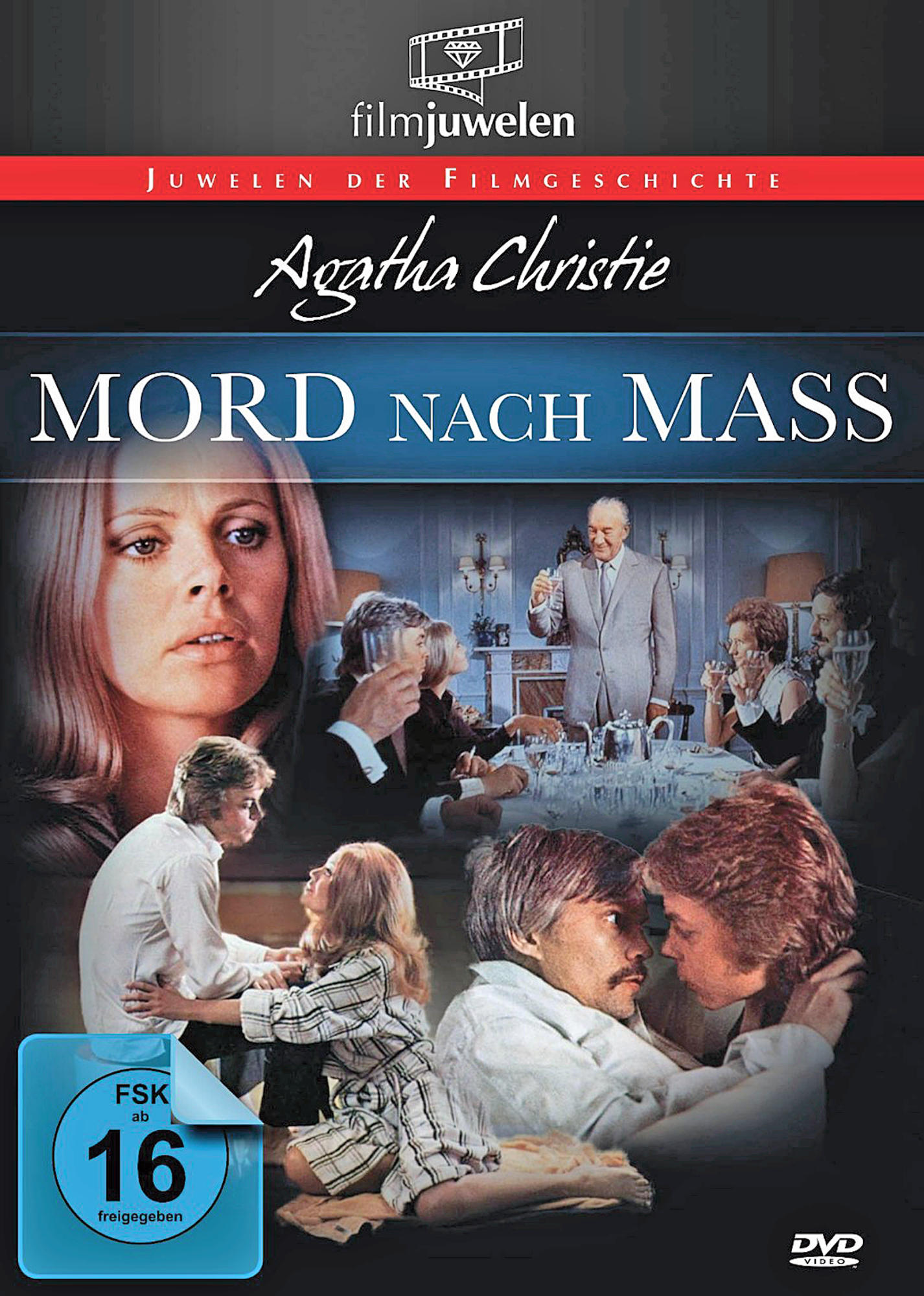 Filmcover: eine ältere Frau mit Text über einen Film von Agatha Christie.