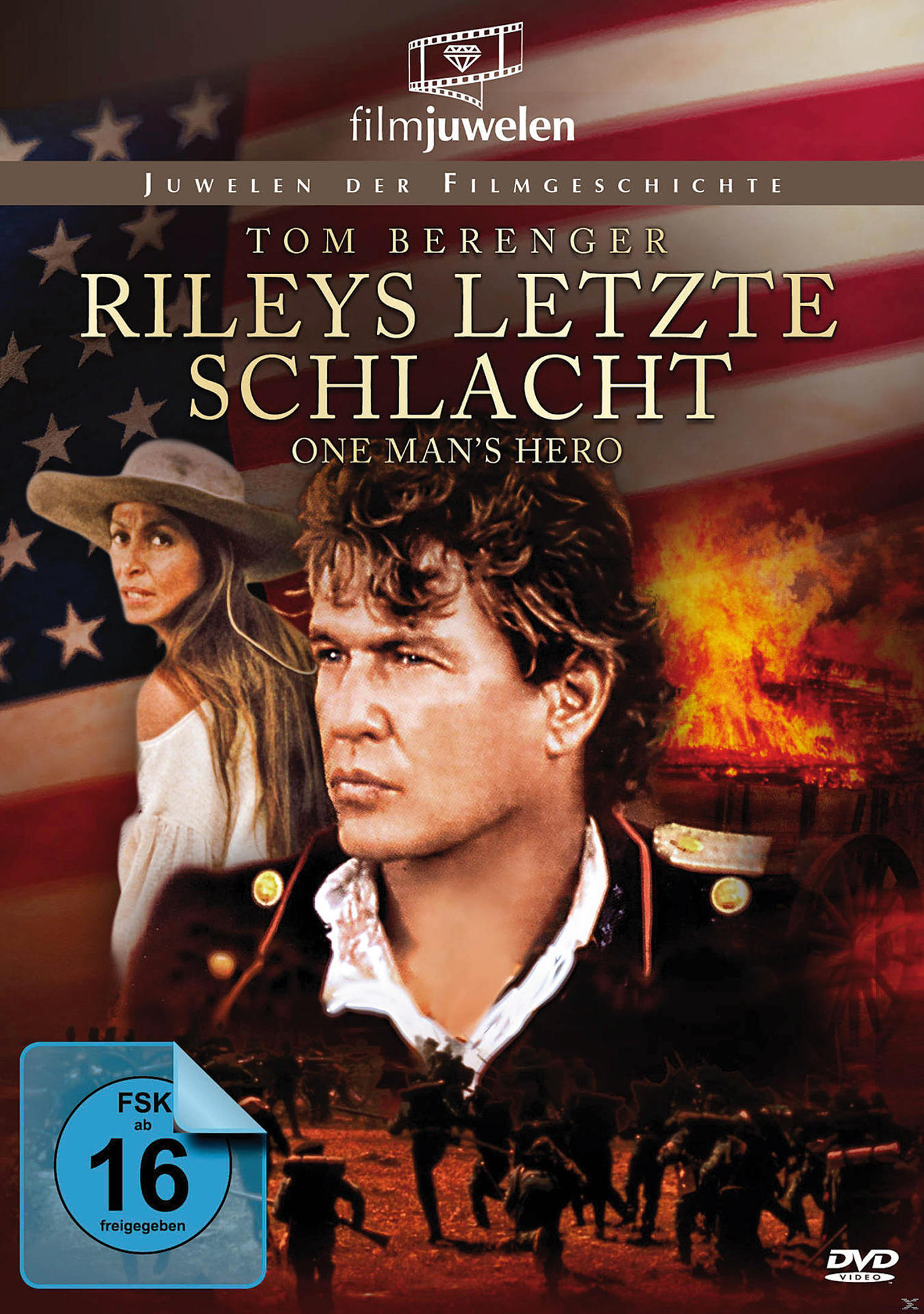 Ein Filmcover mit zwei Personen und einer Flagge im Hintergrund, mit dem Titel 'Rileys Letzte Schlacht'.