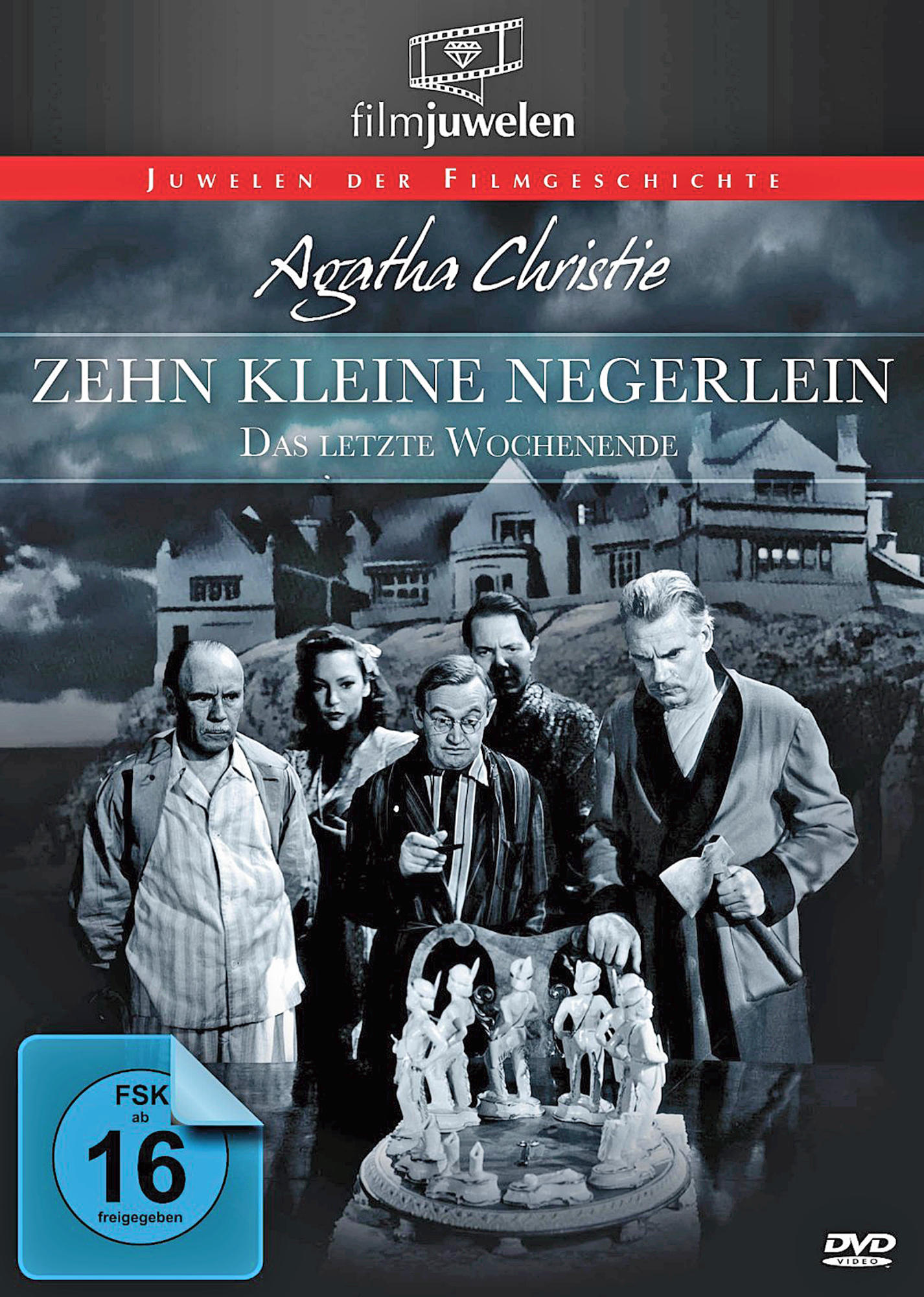 Filmplakat mit Schauspielern, Titel: Agatha Christie, 'Zehn kleine Negerlein' und einem Haus im Hintergrund.