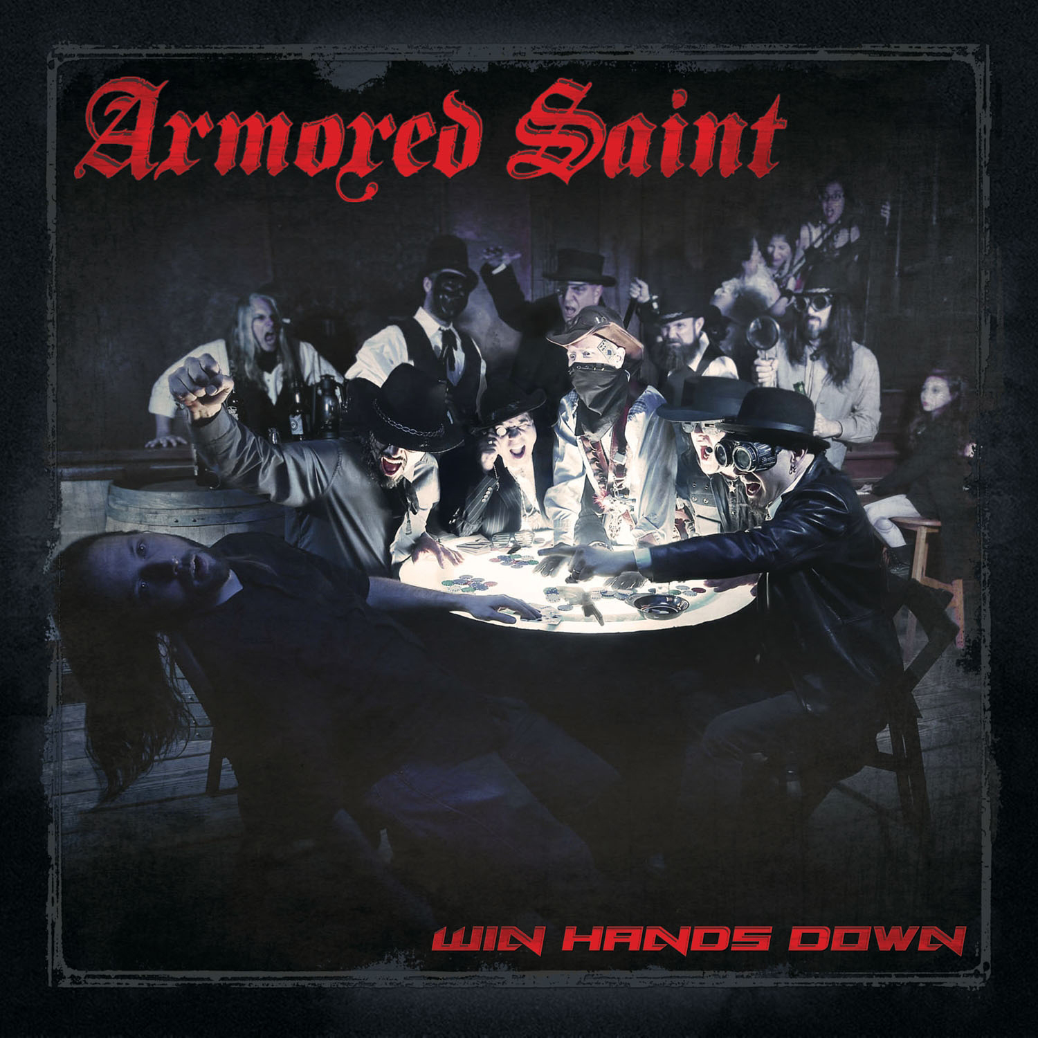 Albumcover mit einer Gruppe von Leuten, die Karten spielen. 'Armored Saint' und 'Win Hands Down' sind sichtbar.