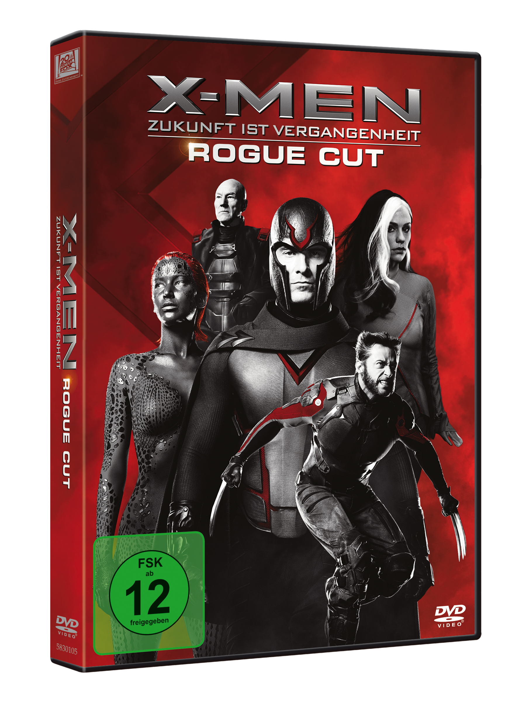 DVD-Cover: X-Men-Film, Charaktere in einer Reihe. Fette Schrift auf Deutsch. Roter Hintergrund. FSK 12-Bewertung.
