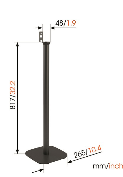 Schwarzer Metallständer mit den Maßen: 817 mm hoch, 265 mm Basis, 48 mm oben. Weißer Hintergrund.