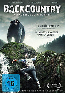 DVD-Cover von 'Backcountry' mit einem Bären und einer Frau, die eine Felswand erklimmt.