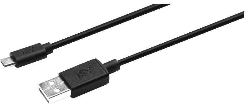 Câble USB noir avec logos ISY aux deux extrémités. Fond blanc.