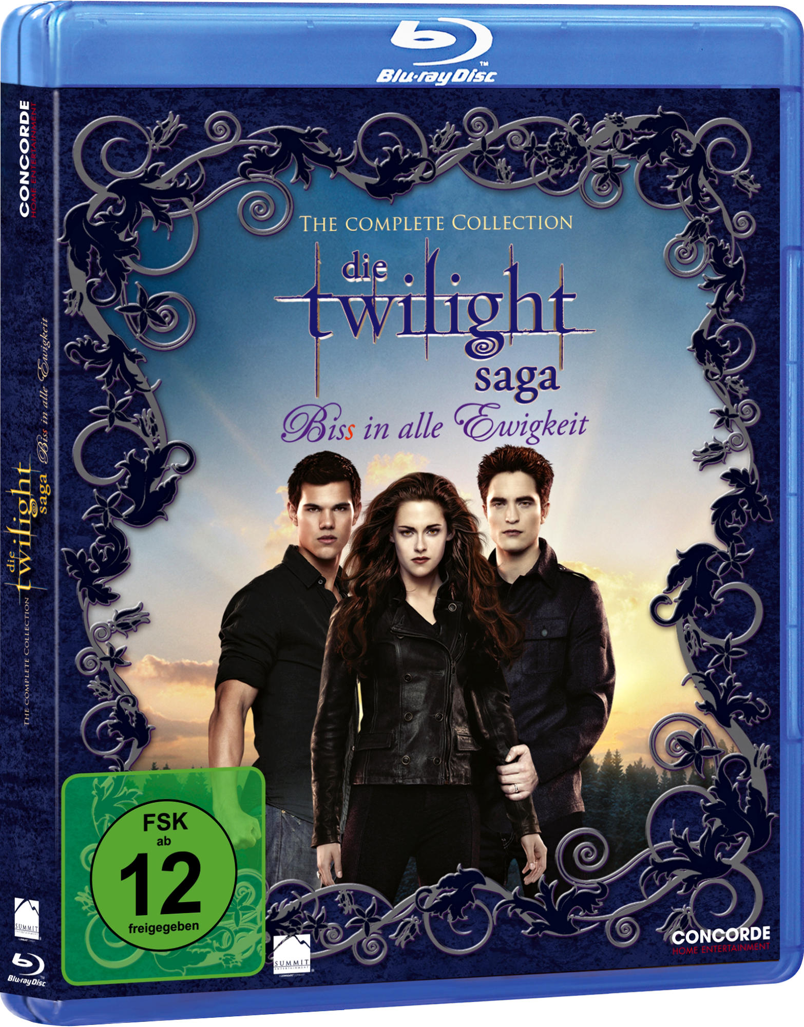 Blu-ray-Cover von 'The Twilight Saga: The Complete Collection' mit Schauspielern und Titel.
