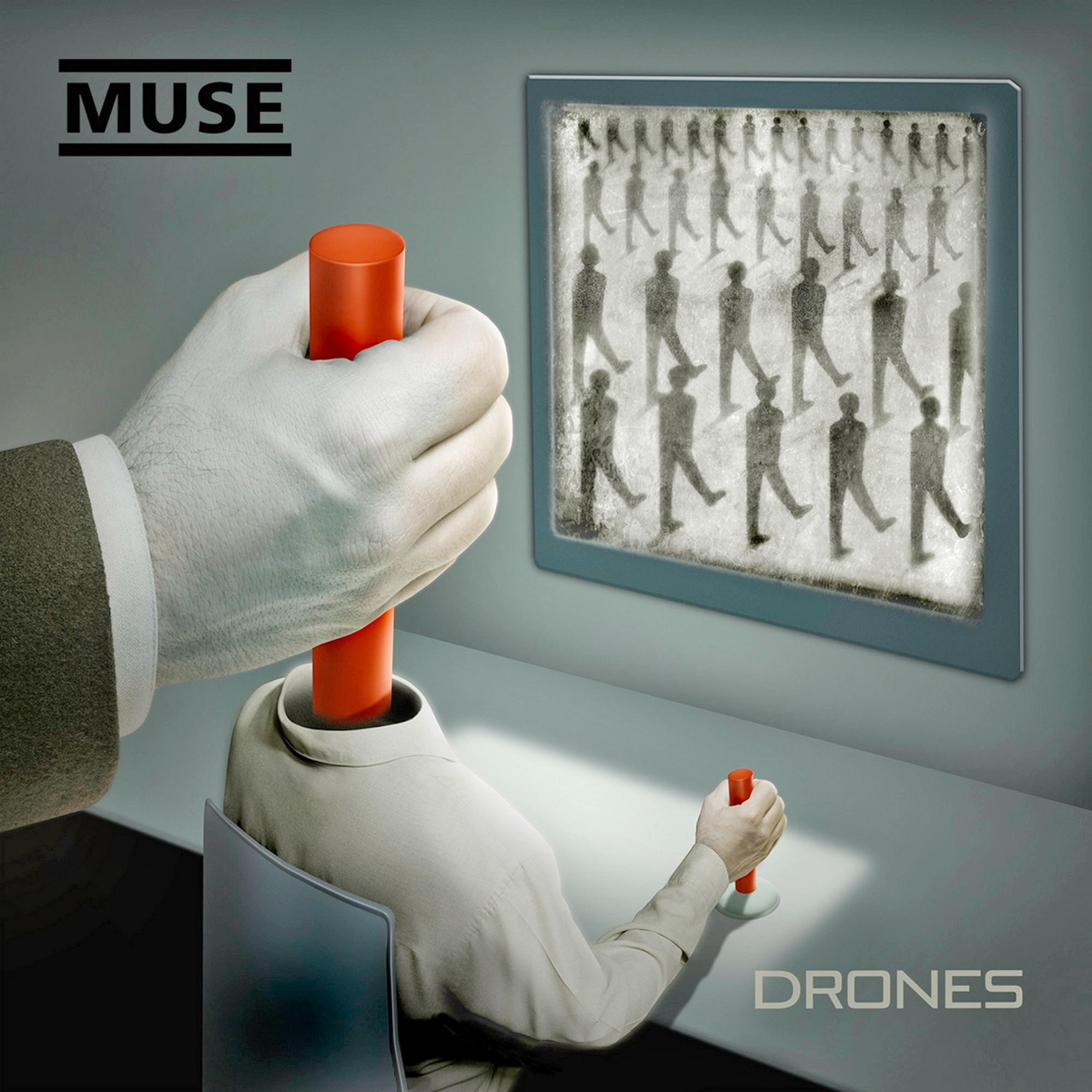 Albumcover: Eine Hand hält eine rote Stange über einer Figur. Titel: Drones.