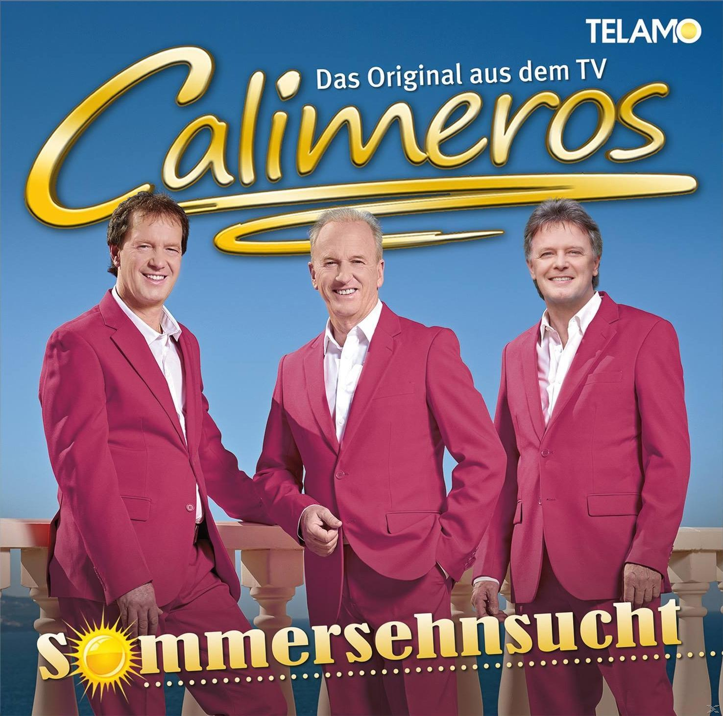 Albumcover mit drei Männern in roten Anzügen, die auf einem Balkon lächeln. Der Titel lautet 'Calimeros'.