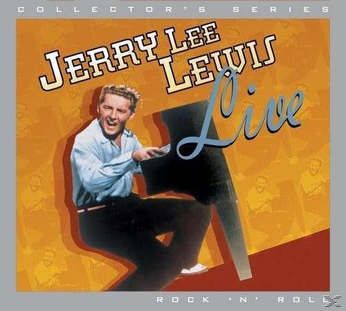 Albumcover: Jerry Lee Lewis, Live. Mann singt, spielt Klavier, auf gelbem Hintergrund mit Noten.
