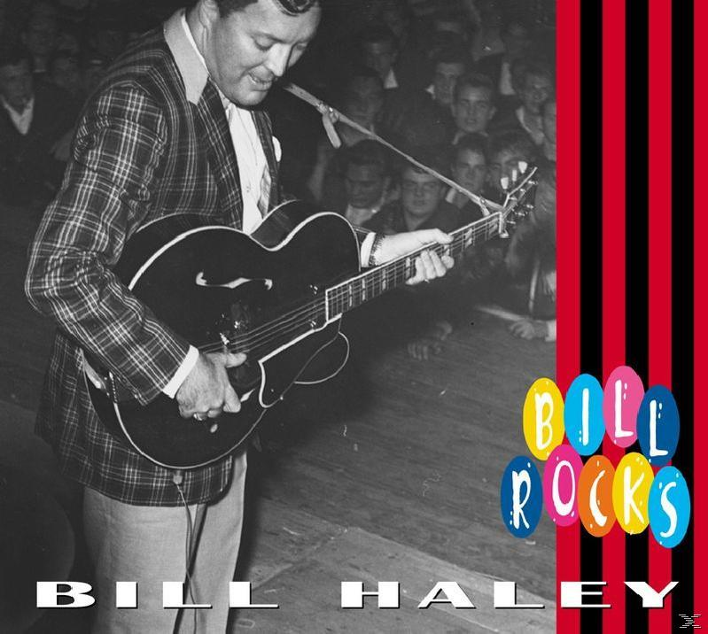Bill Haley gitározik a színpadon fekete-fehérben, a "Bill Rocks" felirattal.