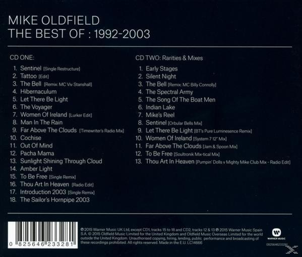 CD-Cover: Mike Oldfield 'The Best Of 1992-2003' mit Titellisten und Logos.