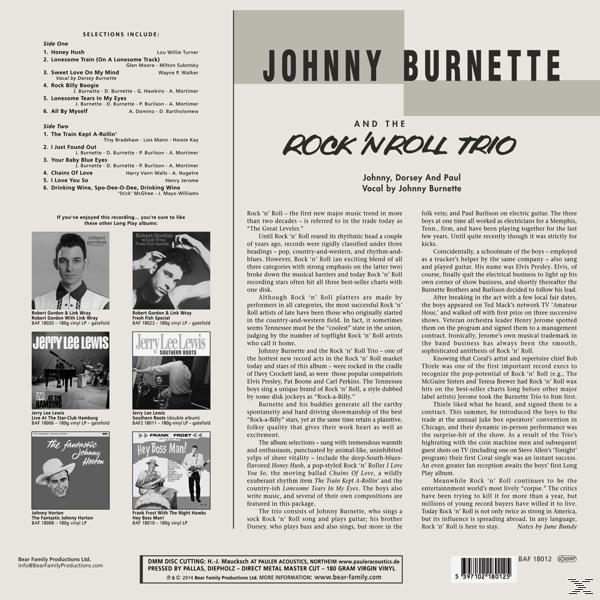 'Johnny Burnette and the Rock'n Roll Trio' album borítója. A művészek szövege és képei láthatók.