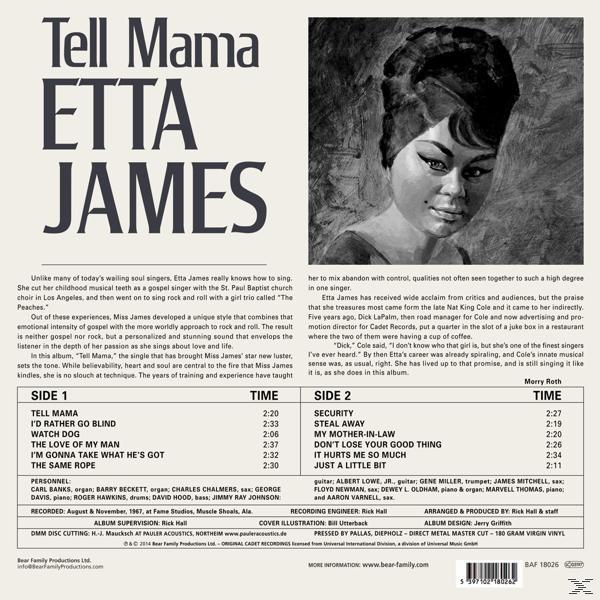 Album borító. Etta James. Szöveg és fekete-fehér fotó róla. Fehér háttér.