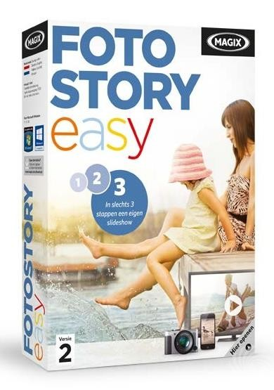 Doosafbeelding voor MAGIX Foto Story easy. Toont twee meisjes op een steiger en een scherm met video.
