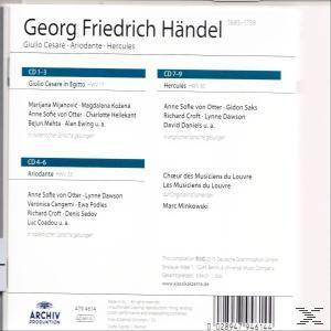 CD-Cover: Rückseite einer CD-Hülle mit Text in Englisch. Titel und Credits für Händels Opern.