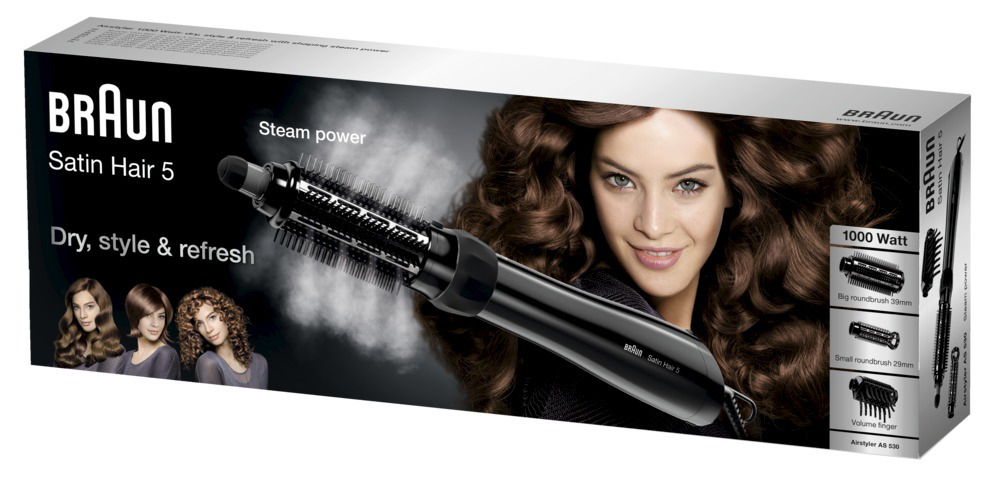Braun Satin Hair 5 Box mit dem Gesicht einer Frau. Ein Haarstyler befindet sich in der Box.