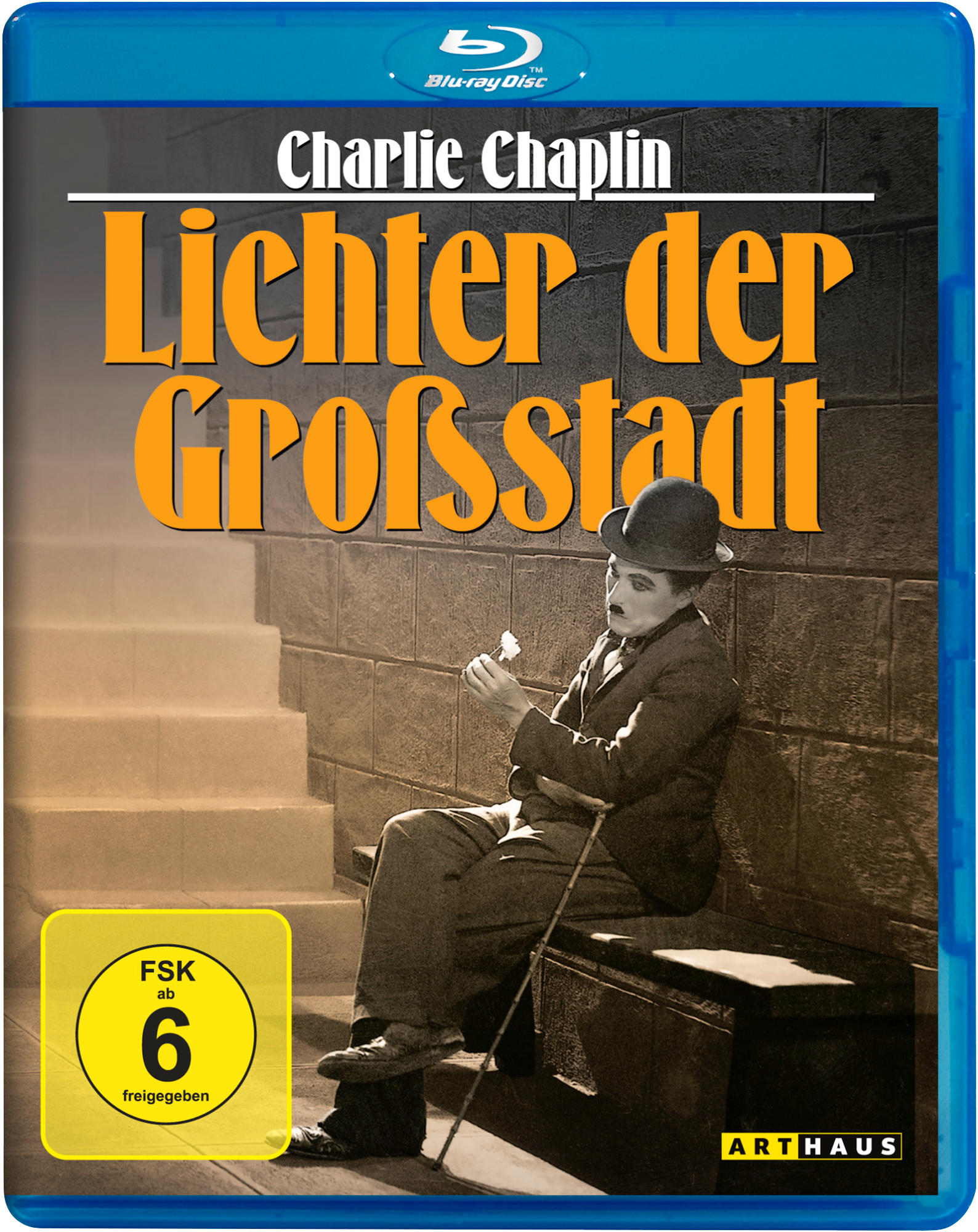 Blu-ray-Cover von Charlie Chaplins 'Lichter der Großstadt' mit Text und Mann.