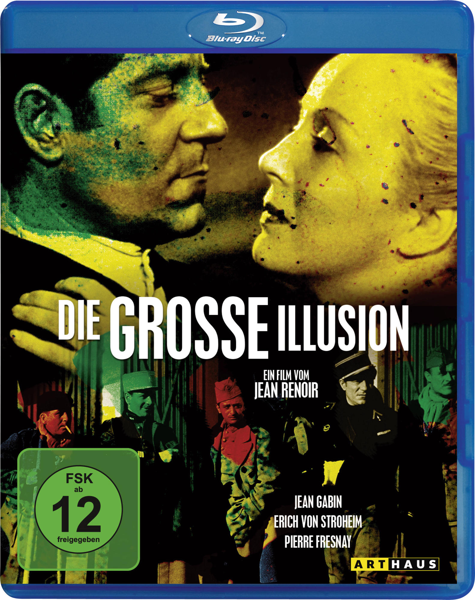Filmposter. Zwei Gesichter in Gelb, mit deutschem Text. Grüner Aufkleber mit Text. Blu-ray-Disc-Hülle.