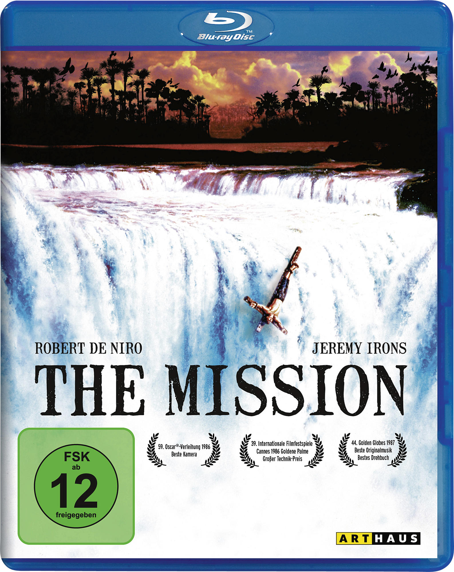 Blu-ray-Cover für "The Mission" mit Robert De Niro. Mann, der in einen Wasserfall springt.