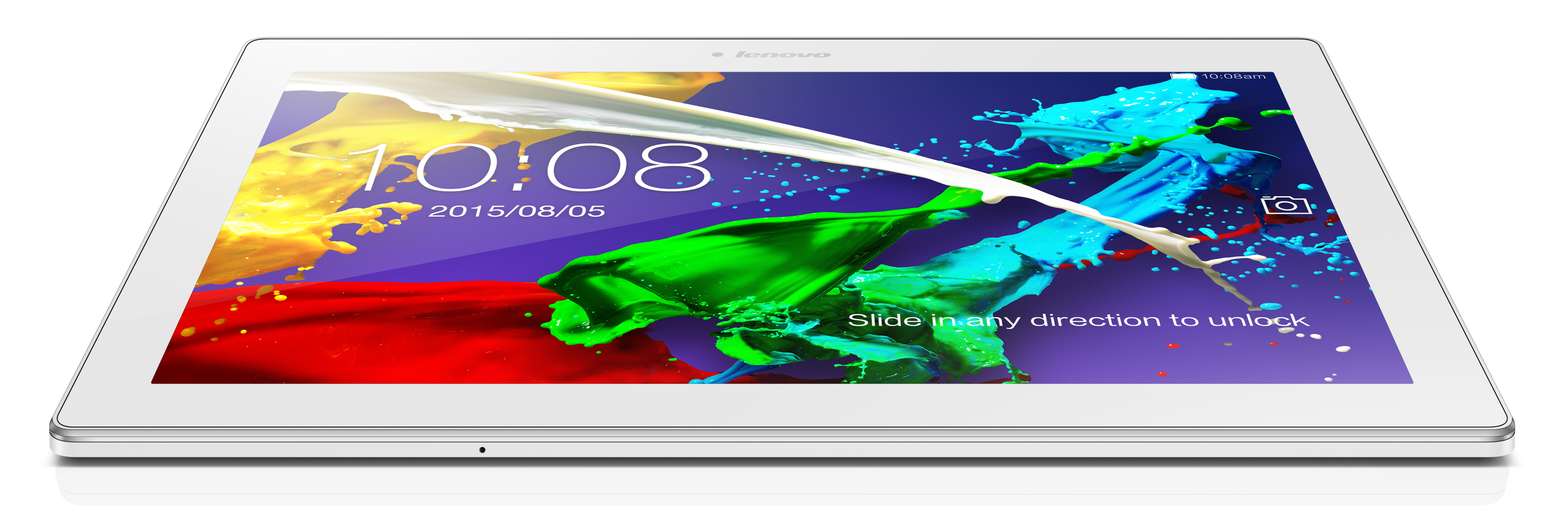 Weißes Tablet mit farbenfrohem Splashscreen. Datum und Uhrzeit werden angezeigt. Weißer Hintergrund.