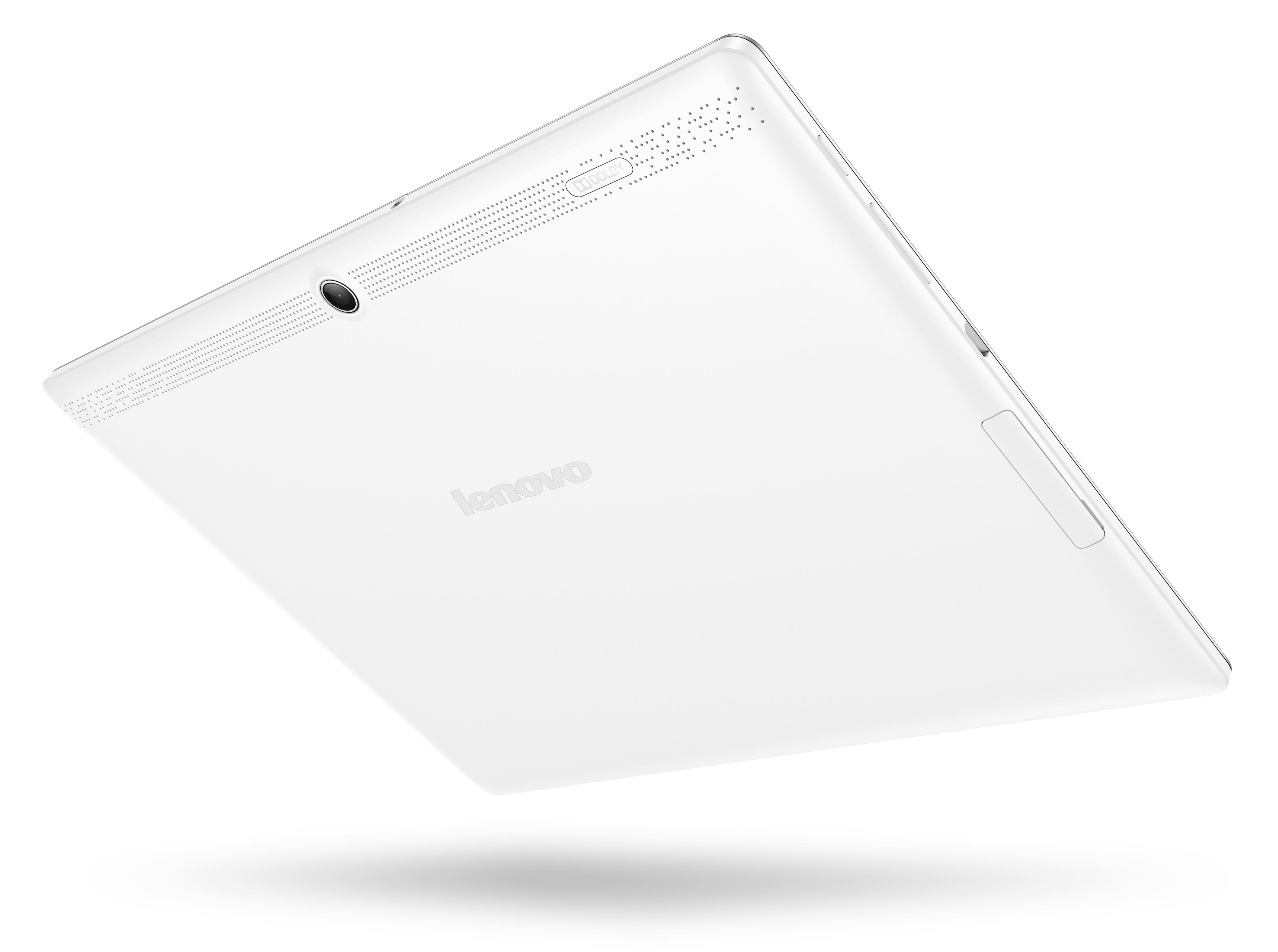 Weißes Lenovo-Tablet, Rückansicht, in der Luft schwebend. Lenovo-Logo unten mittig, mit leichtem Schatten.