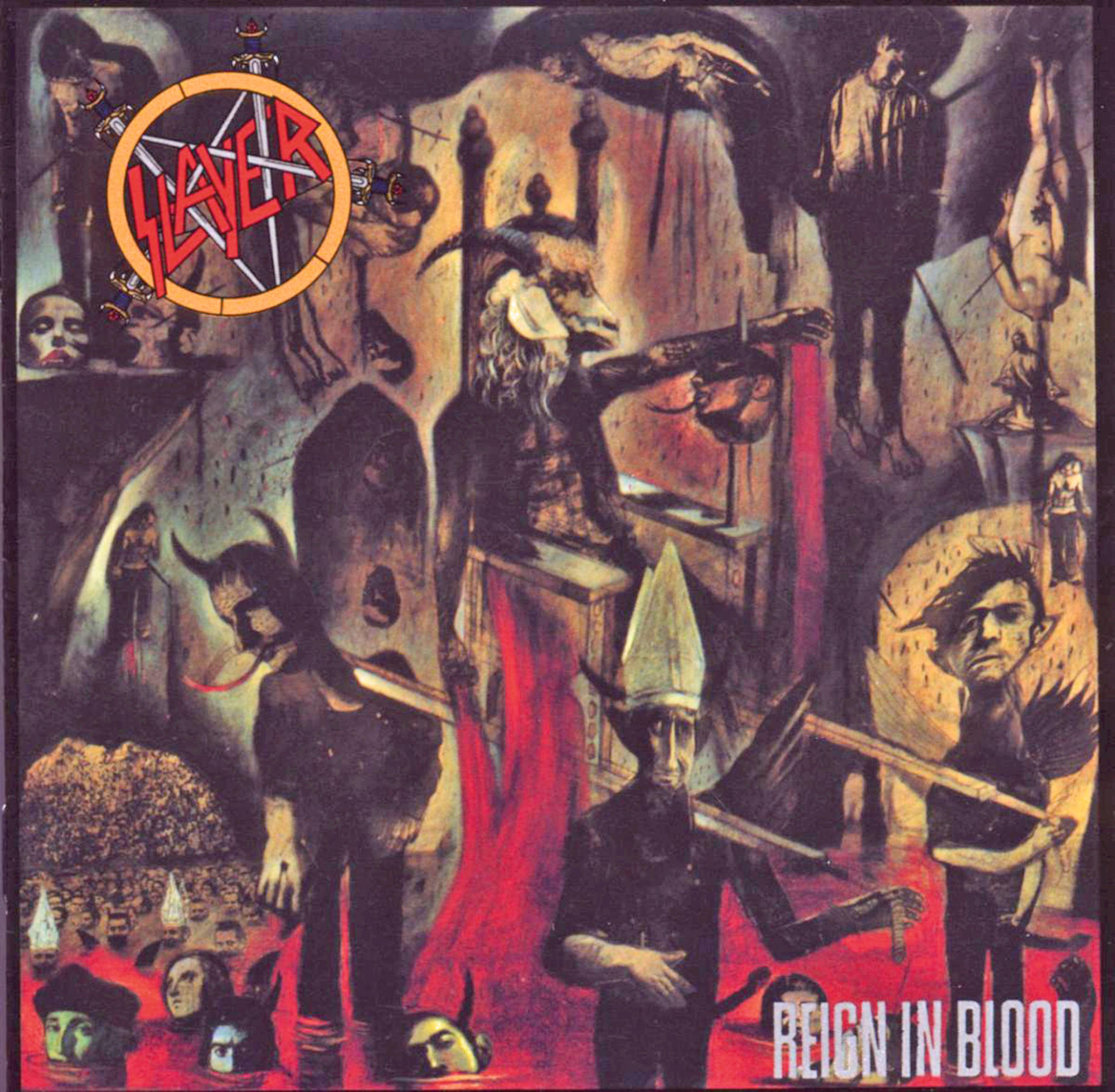 Albumcover: Artwork mit Dämonen, Blut und Thron. Text: Slayer, Reign in Blood.