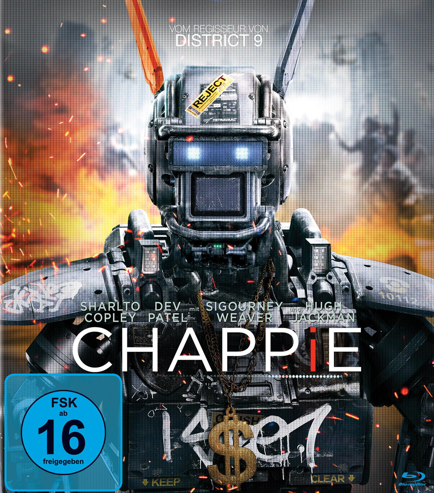 Chappie DVD-Cover, ein Roboter mit Gesicht. Der Titel und die Namen der Darsteller werden angezeigt. Ein Bewertungssymbol ist sichtbar.