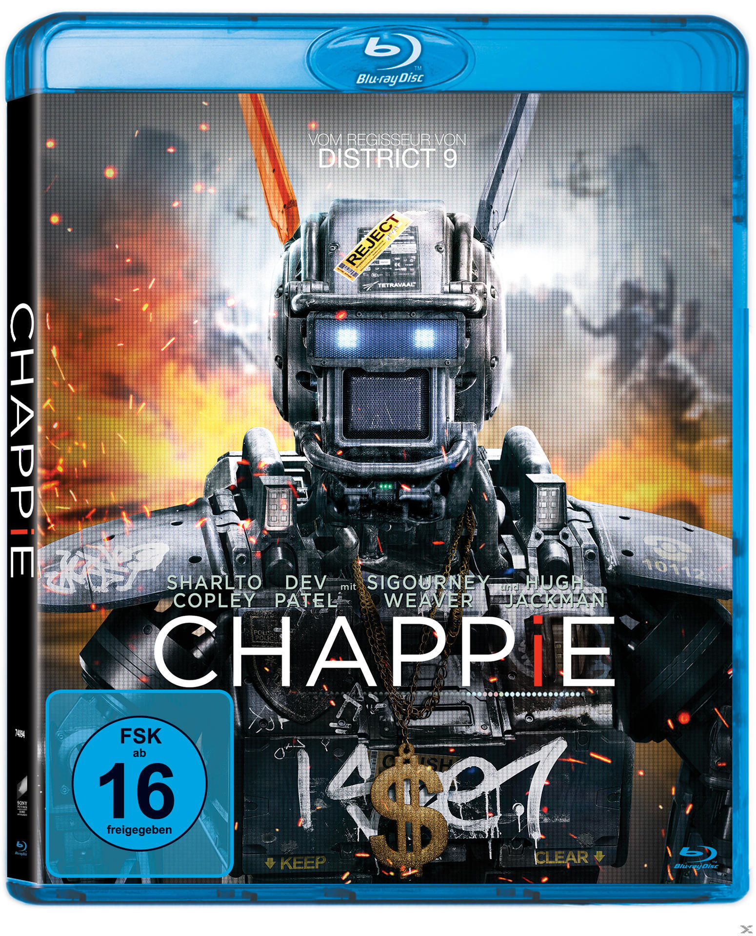 Chappie Blu-ray-Cover. Roboter in der Mitte, mit Filmtitel und Namen der Schauspieler.
