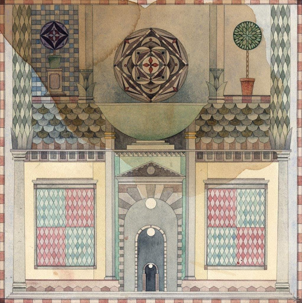 Eine architektonische Zeichnung mit einer Gebäudefassade. Sie hat symmetrische Fenster, einen zentralen Bogen und geometrische Muster.