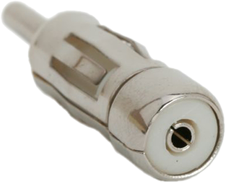 Ezüst autóantenna-adapter. Hengeres forma, csatlakozóval és lyukkal.