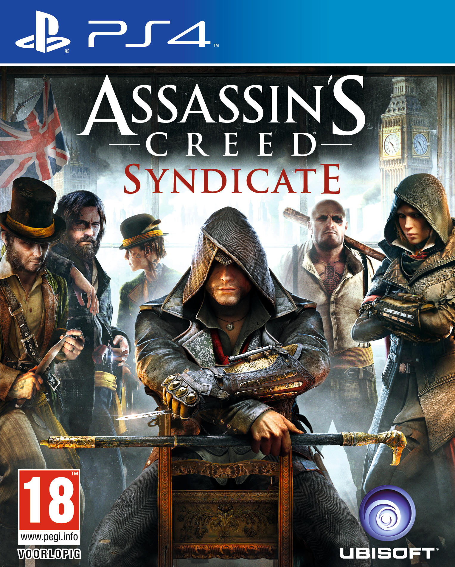 Couverture du jeu Assassin's Creed: Syndicate avec plusieurs personnages. Le personnage principal est encapuchonné et tient une canne.
