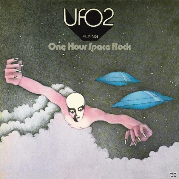 Albumcover: stilisierte Figur fliegt in der Nähe blauer UFOs, Text: 'One Hour Space Rock'.