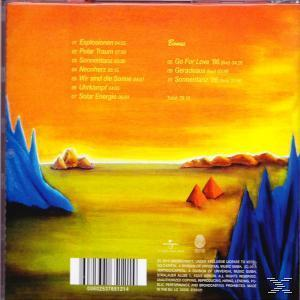 Rückseite einer CD-Hülle. Eine orange-gelbe Landschaft mit einem blauen Berg und etwas Text.
