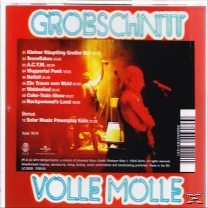 Ein rotes CD-Cover mit dem Text 'GROBSCHNITT' und einer Titelliste. Der Hintergrund hat ein Bühnenbild.