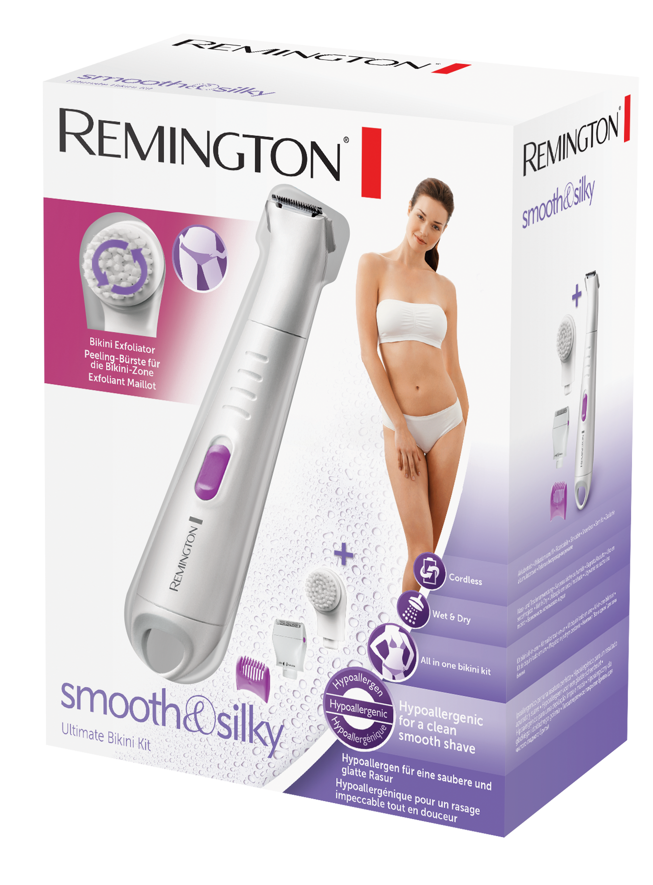 Remington smooth & silky ultimate bikini készlet doboza. Nő fehér bikiniben. Borotva és tartozékok.