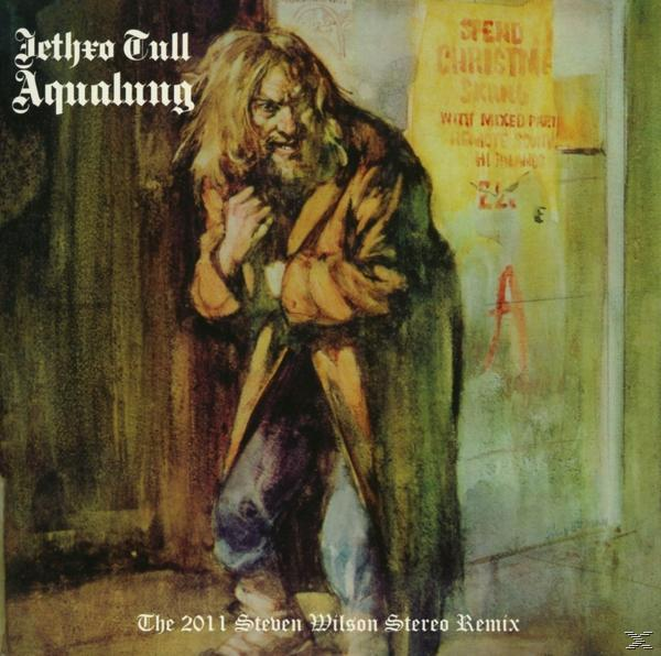 Albumcover: Jethro Tulls 'Aqualung'. Ein Mann mit langen Haaren in einem Mantel steht auf einer schäbigen Straße.
