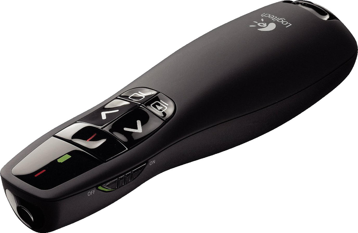 Fekete Logitech prezentációs távirányító. Oldalnavigációs gombokkal és lézer pointerrel, fekete háttér előtt.