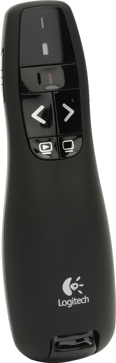 Fekete Logitech prezentációs eszköz. Lejátszás, vissza, előre és képernyő gombokkal. Fehér háttér.