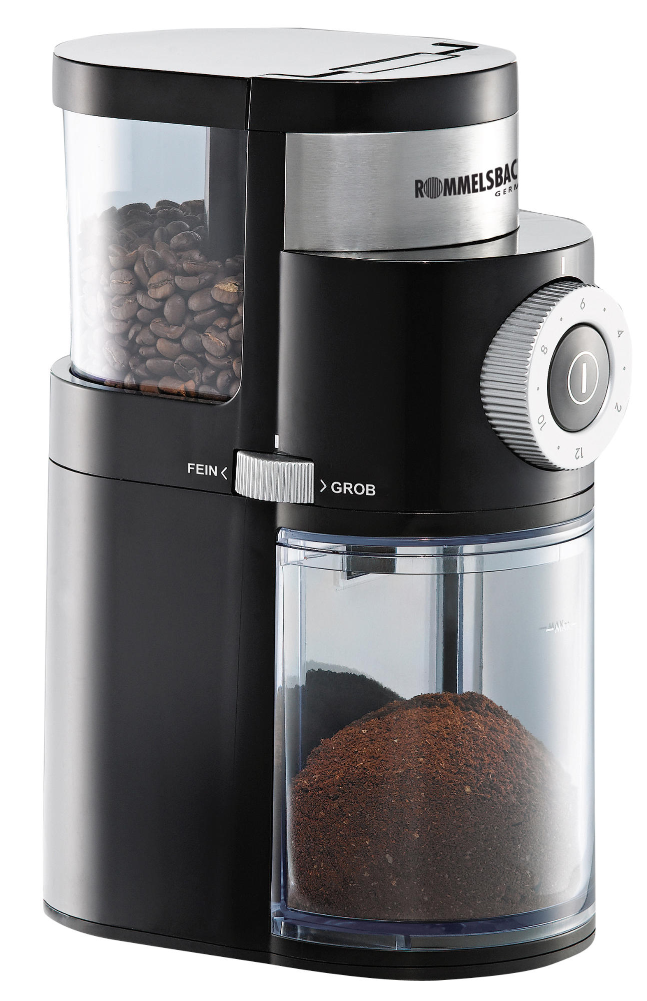 Schwarz-silberne Kaffeemühle, transparenter Bohnenbehälter oben, Kaffeepulver unten.