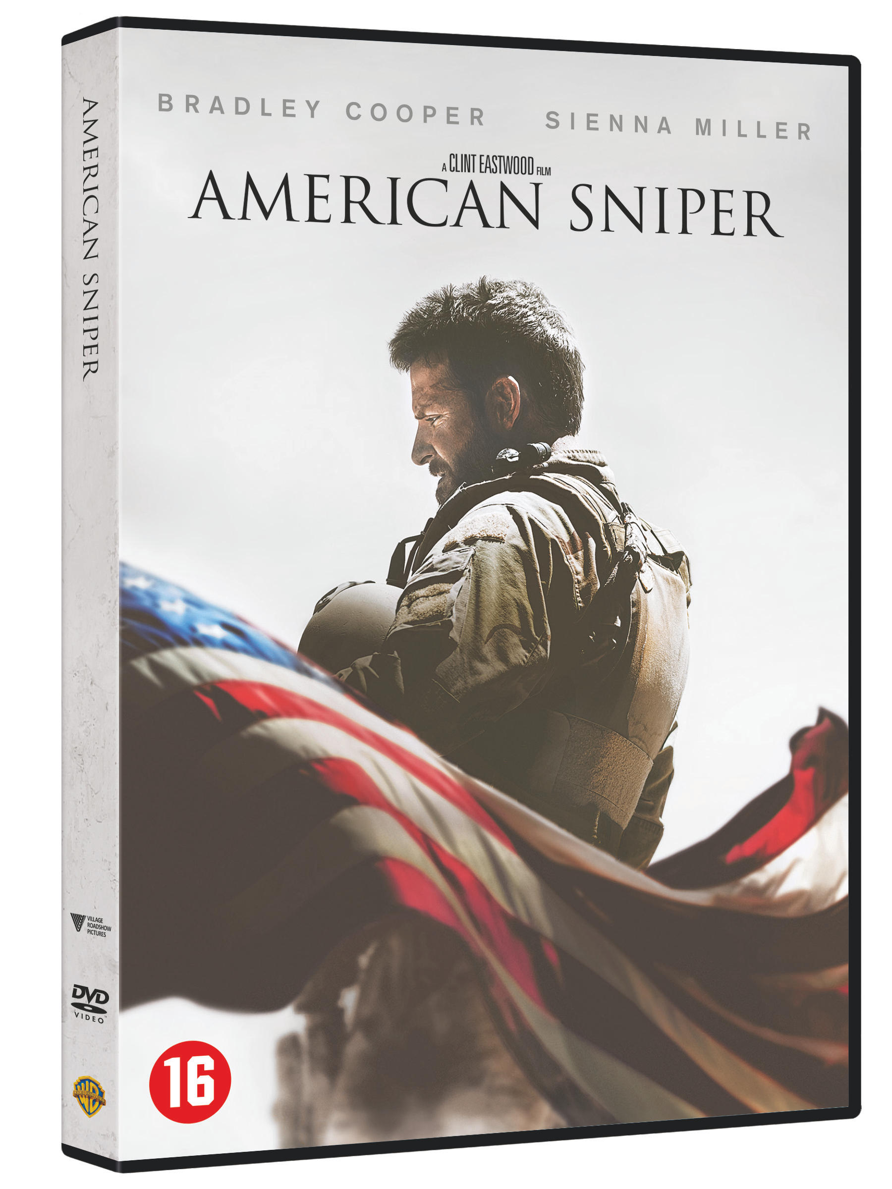 Couverture DVD du film 'American Sniper', avec Bradley Cooper, drapeau.