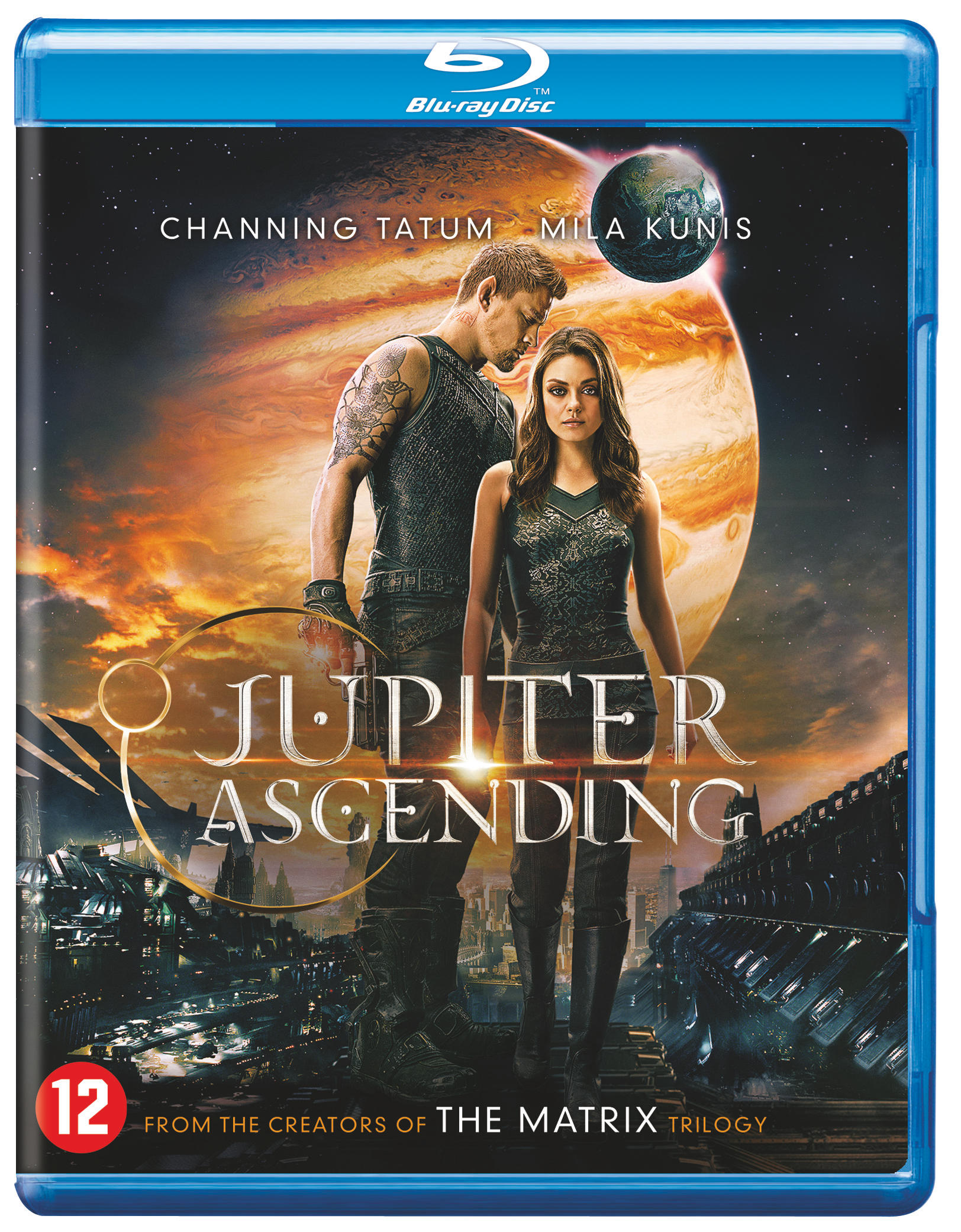 Blu-ray-hoes voor 'Jupiter Ascending'. Acteurs Channing Tatum en Mila Kunis worden weergegeven.