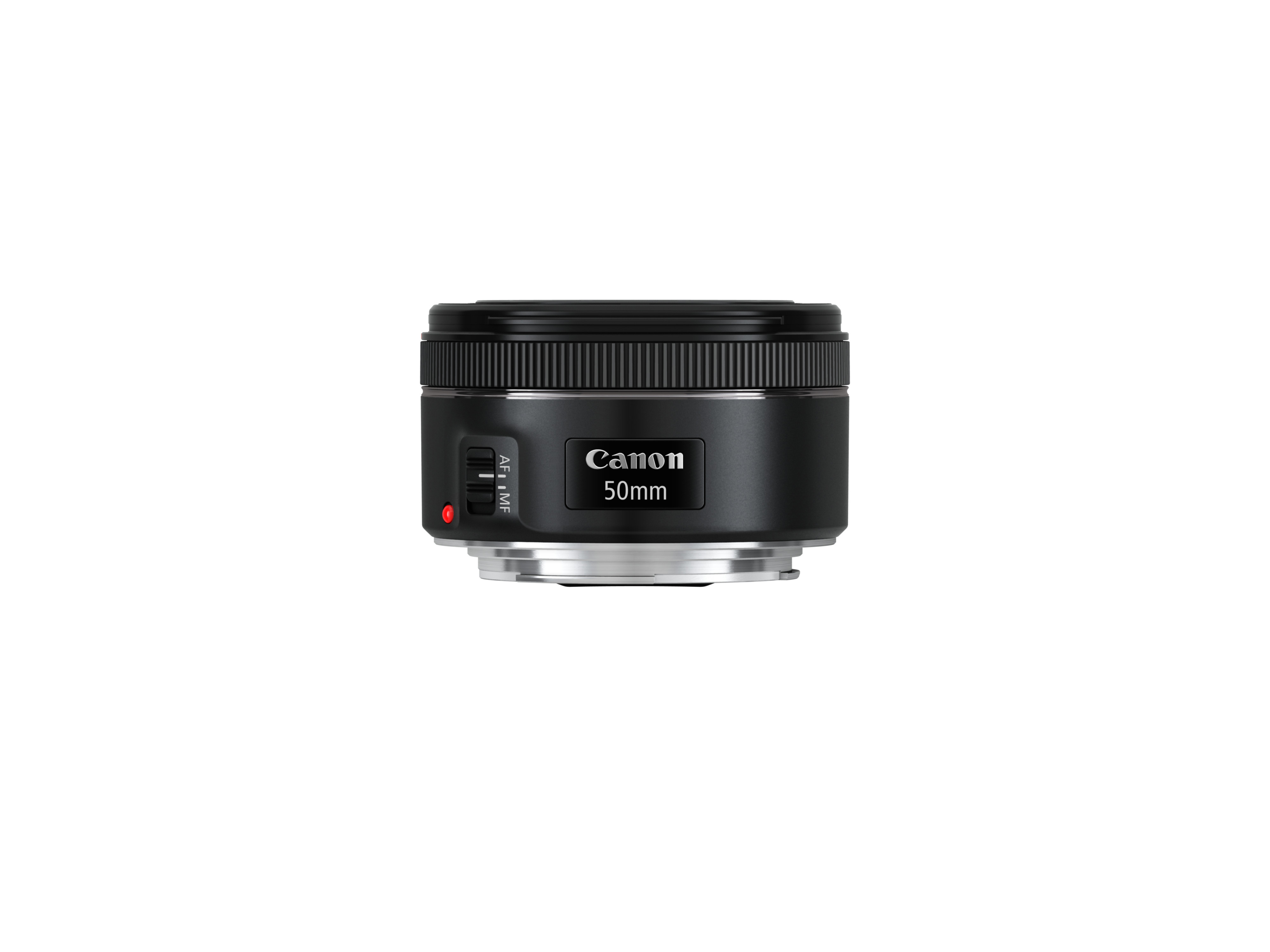 Ein schwarzes Canon 50mm Objektiv mit weißem Hintergrund und Text auf dem Objektiv.